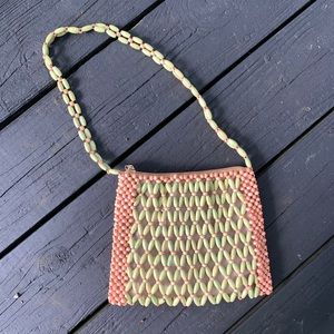 Hand beaded green and pink mini bag